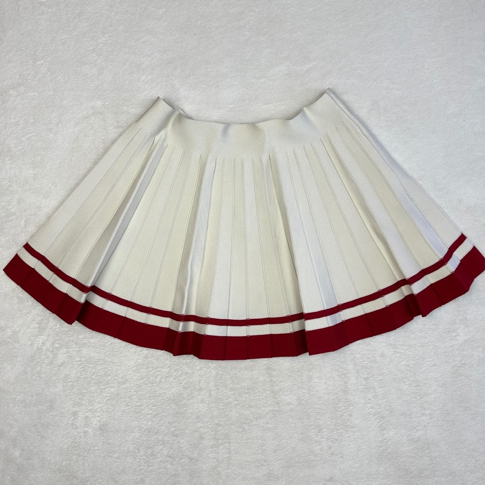 Mango MNG Womens Pleated Knit Mini Skirt Cream Red‎ Varsity Stripe Size M